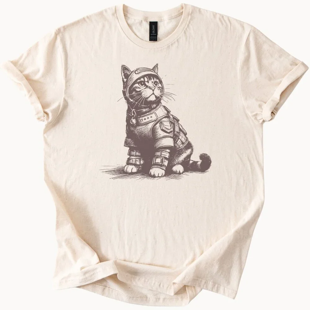 Space Cat T-Shirt Astronaut Kitten Tee Cosmic Feline Top - Picture 1 of 7